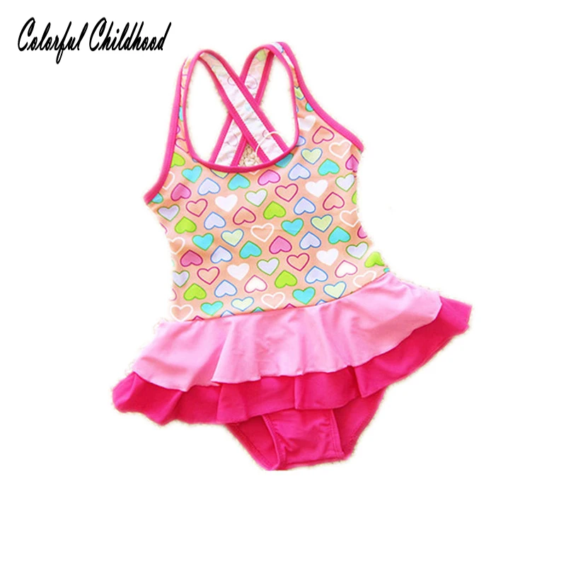 Kid Girls Swimwear Lovely Love Heart Pattern Printed Suspender