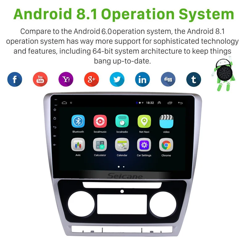 Excellent Seicane 10.1 inch Android 8.1 HD Touch Screen for Skoda Octavia 2007 2008 2009-2014 Radio GPS Bluetooth Head unit Mirror SWC 1