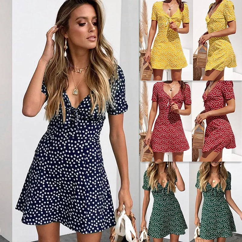 

PEONFLY Women Summer Dress 2019 Floral Print Boho Sexy Mini Short Beach Summer Dress and Sundress Female Yellow Green Red Dress