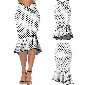 

2019 Hot New Fashion Womens Button Bow Polka Dot High Waist Fishtail Skirt