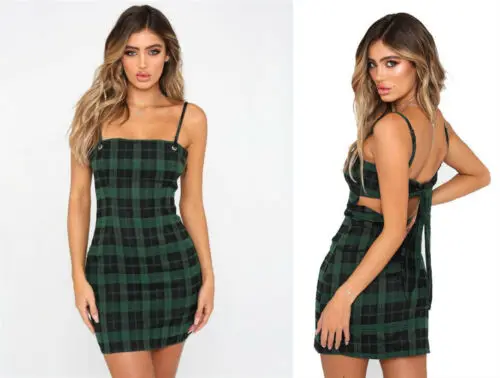 

2019 New Women Mini Dress Strappy Hip Dress Fashion Plaid Summer Party Bodycon Dress New