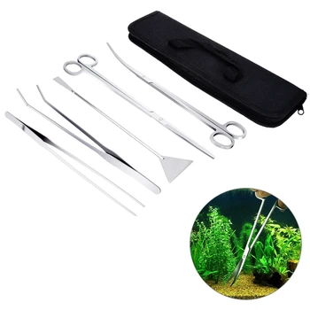 

5 in 1 5pc Stainless Steel Aquarium Tank Maintenance Tool Kits with Portable Case Tweezers Scissors Curve For Live Plants Grass