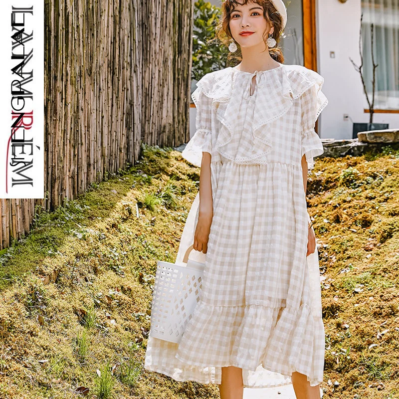 

LANMREM Hubble-bubble Short Sleeve Summer Dress For Women Beige Plaid Patchwork Ruffles Casual Clothing 2019 Fashion New YH28012