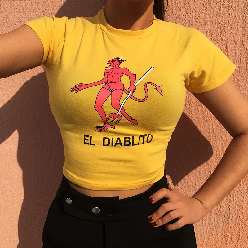 TELITE Сексуальная приталенная укороченная футболка женская модная хлопковая Футболка с мультяшным принтом летняя желтая трикотажная футболка с круглым вырезом Devil Top