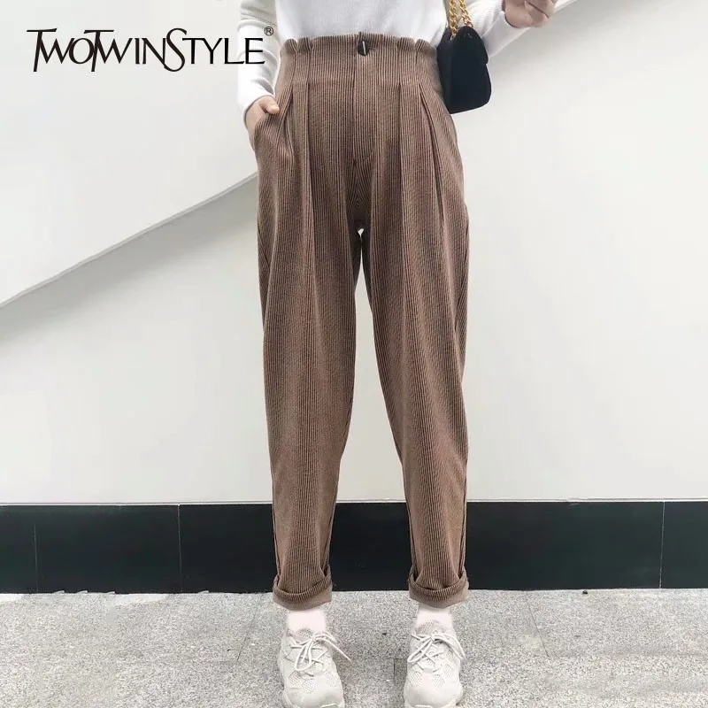 Женские вельветовые шаровары TWOTWINSTYLE черные длинные брюки с высокой талией