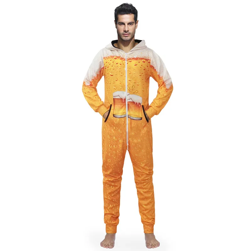 Для мужчин комбинезоны с капюшоном 3D пижама с принтом костюм косплэй пиво Творческий Комбинезоны для малышек пижамы s