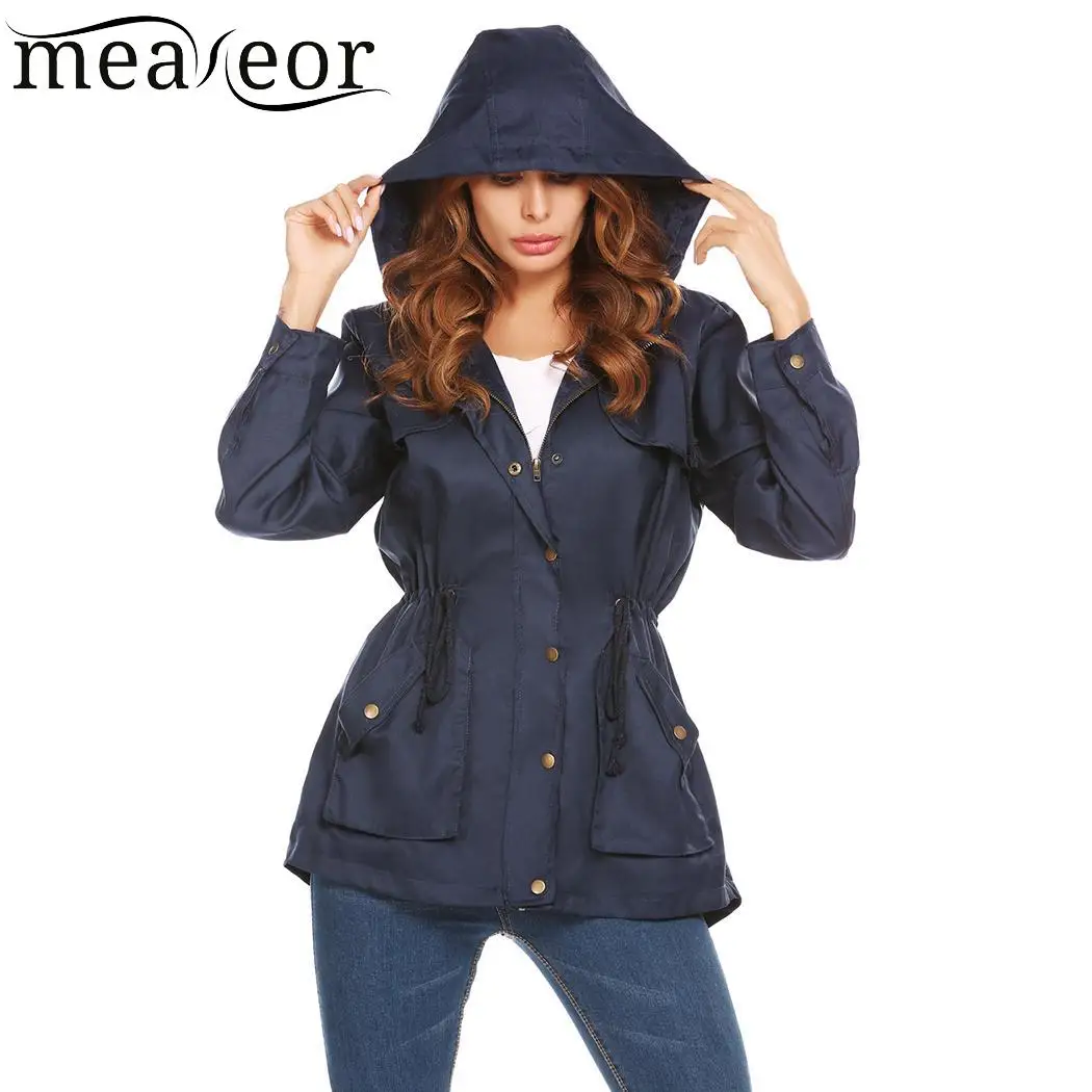 

meaneor Hooded Jackets Autumn Spring Long Sleeve Solid Women Drawstring Light Weight Anorak Jackets Parka Coat Female Outwears