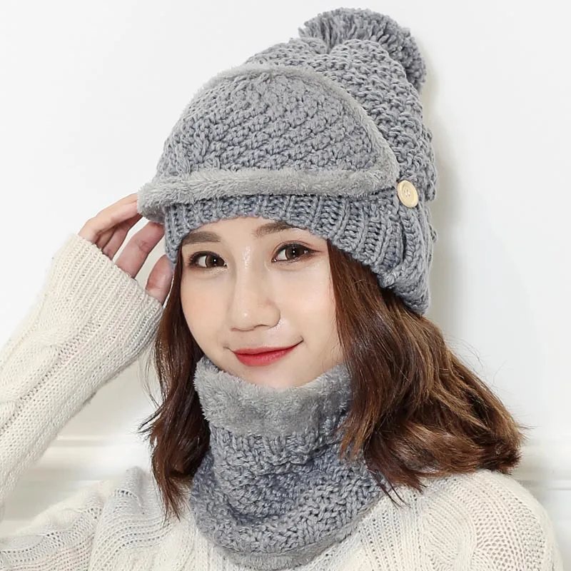 

Winter Skullies Beanies women Knitted Hat Scarf Two Pieces Set Fashion Wool Thickening Hat Collars Female Warm Hat Casual Cap