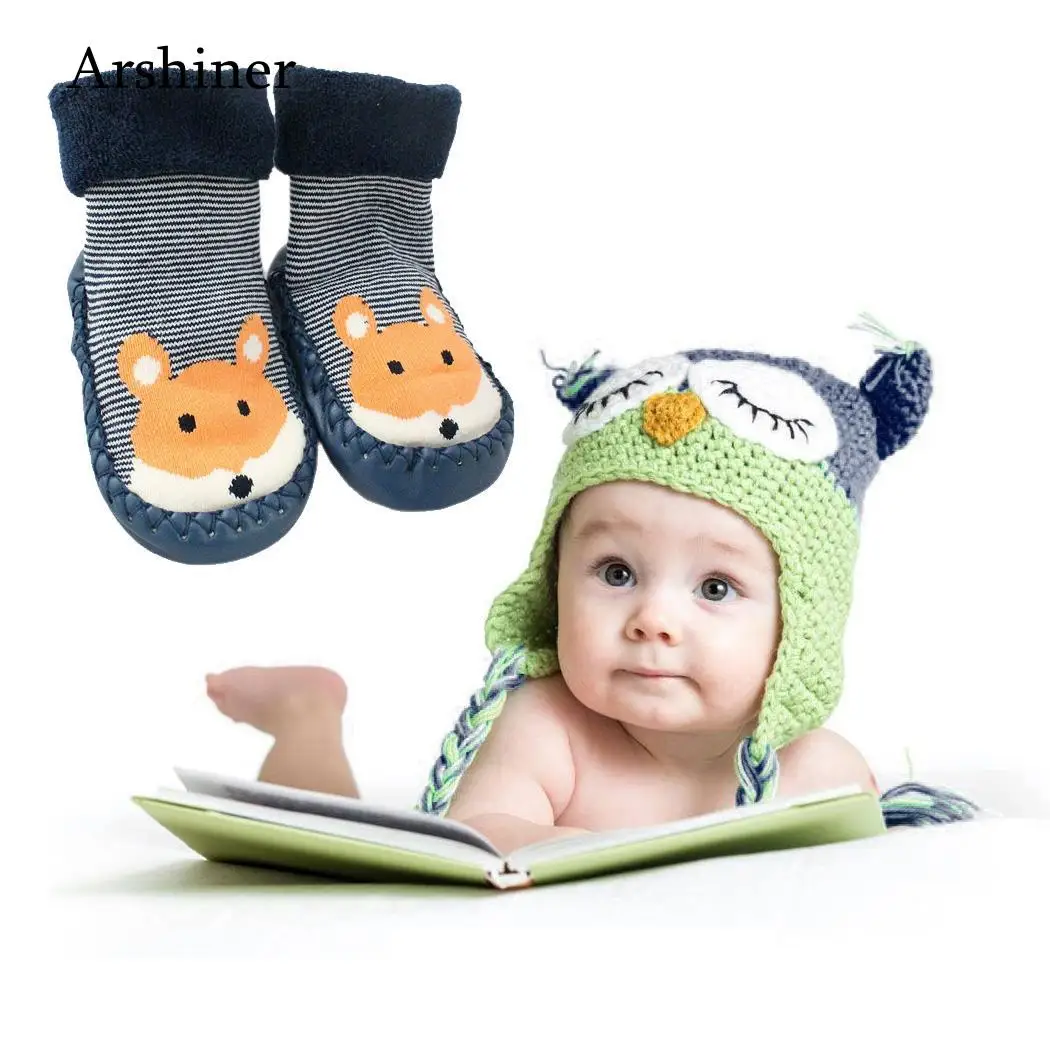 Для маленьких мальчиков девушки зимние тапочки носки против скольжения синий полосатый лиса 3-24 месяца