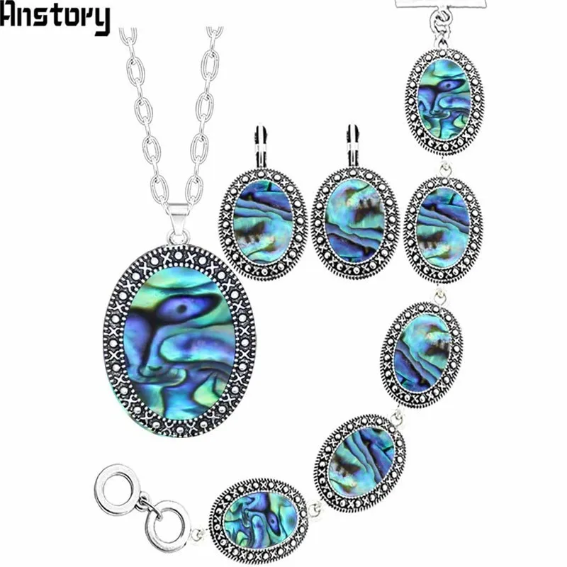 

Oval AAA Shell Vintage Jewelry Set Antique Silver Plated Necklace Earrings Bracelet Fashion Jewelry TS431