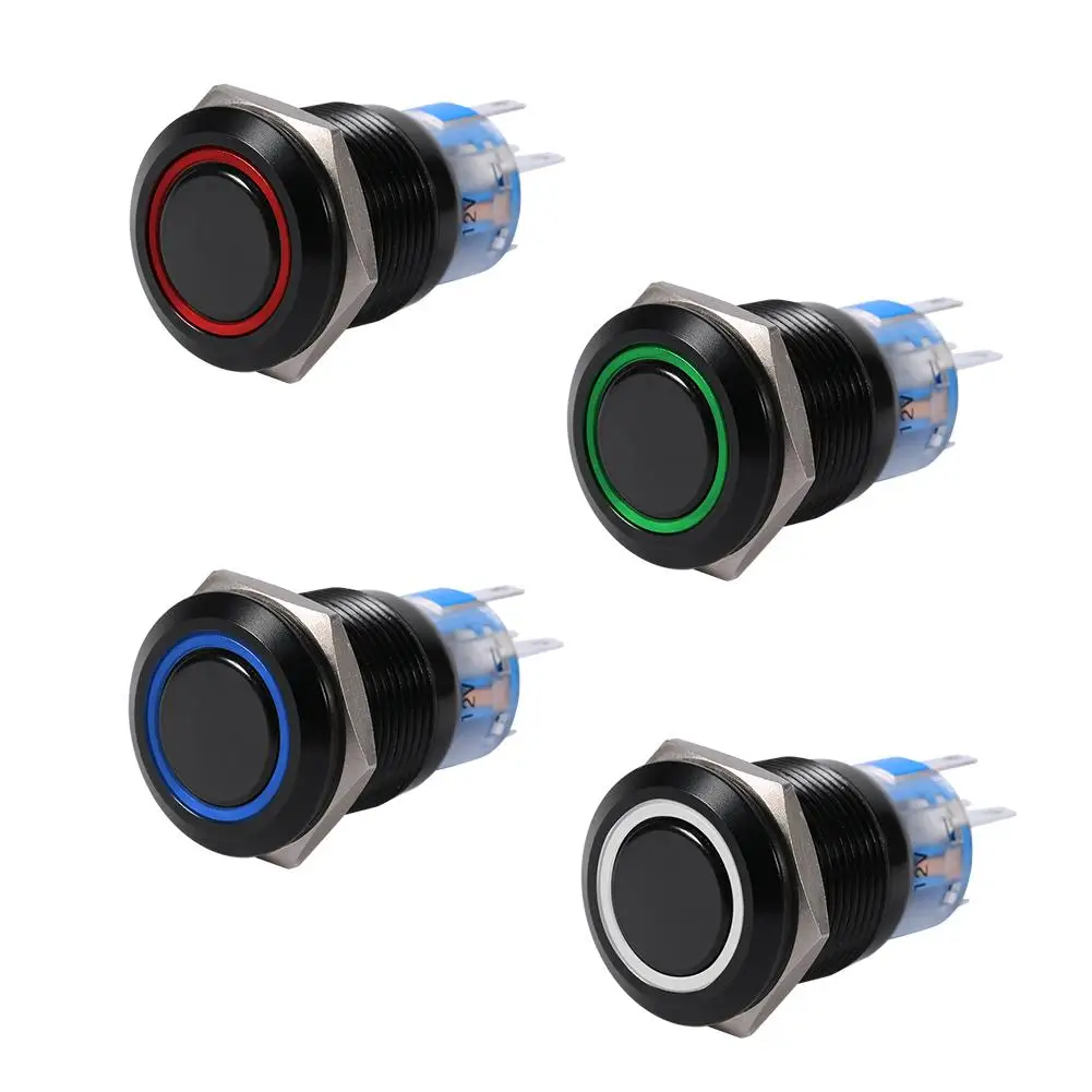 

19mm 12V LED ON/OFF Black Waterproof Car Auto Self-locking Latch Push Button Flate Switch Universal