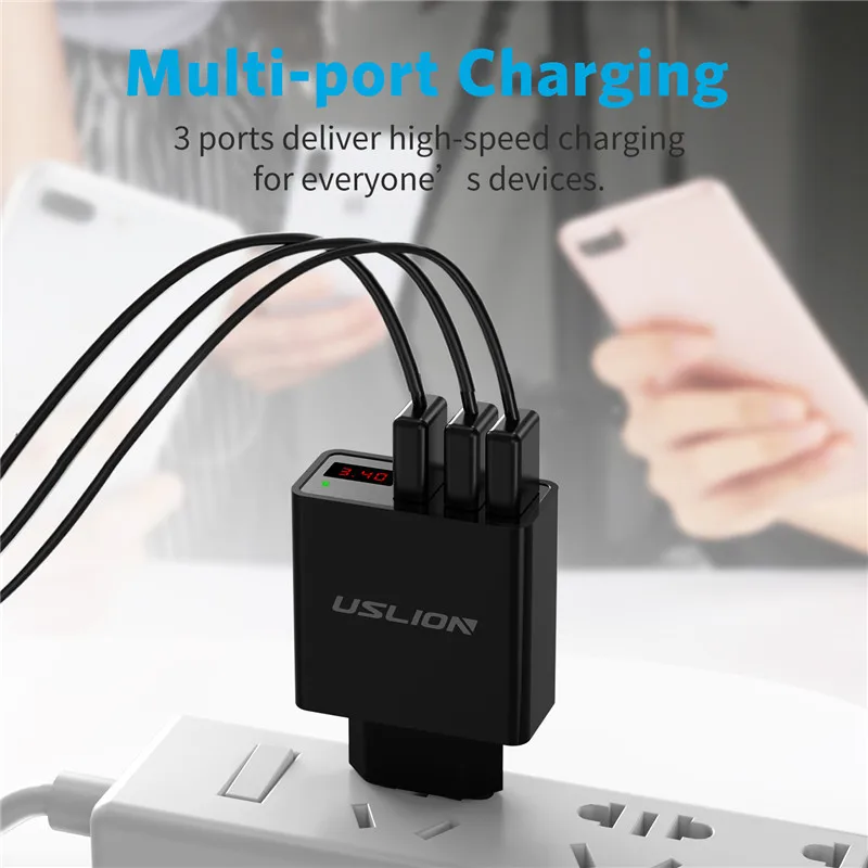 USLION светодиодный дисплей 3 USB зарядное устройство Быстрая зарядка настенное для