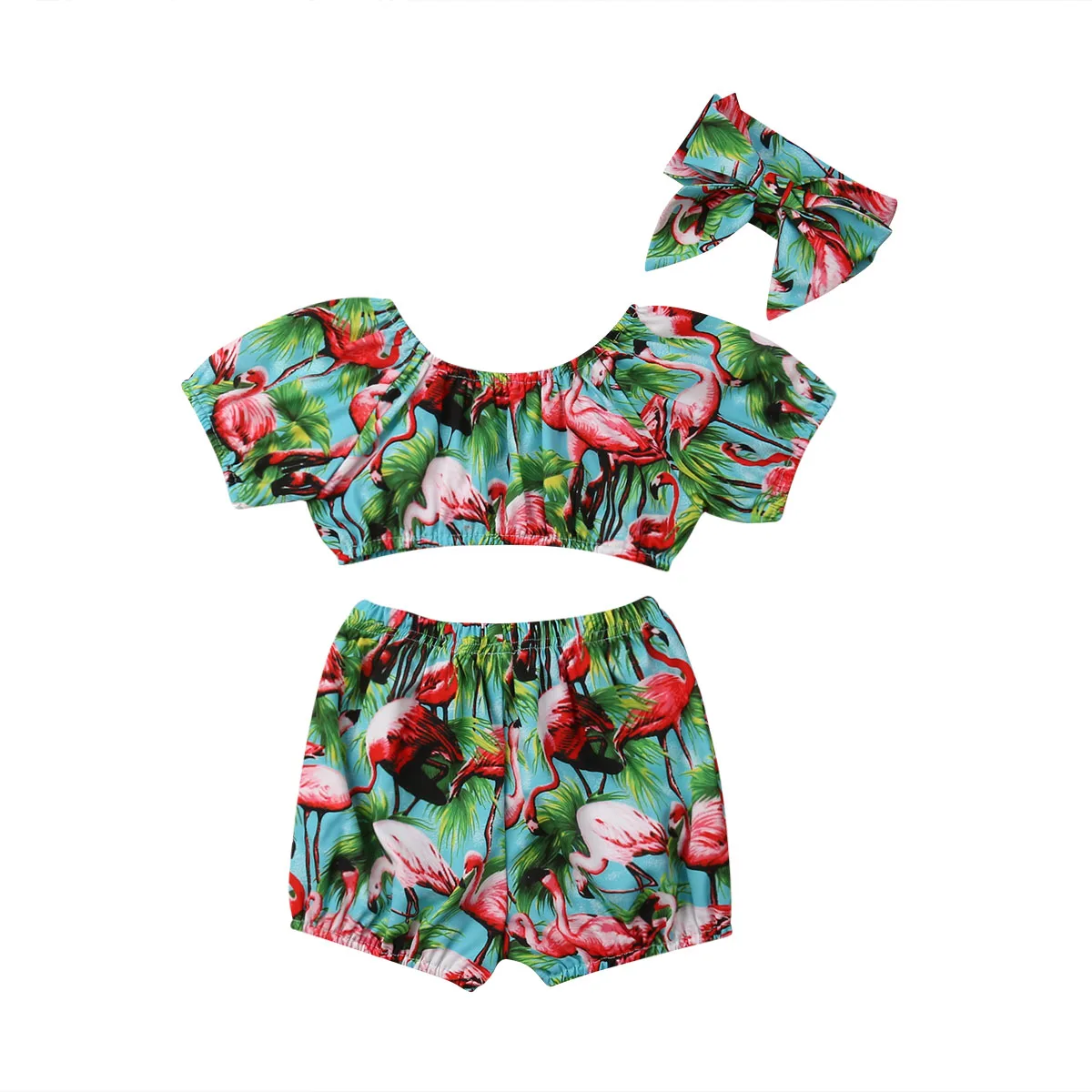 

2019 Summer Toddler Kids Baby Girl Flamingo Clothes Short Sleeve Tank Tops High Waist Shorts Headband 3PCS Girls Clothing Set