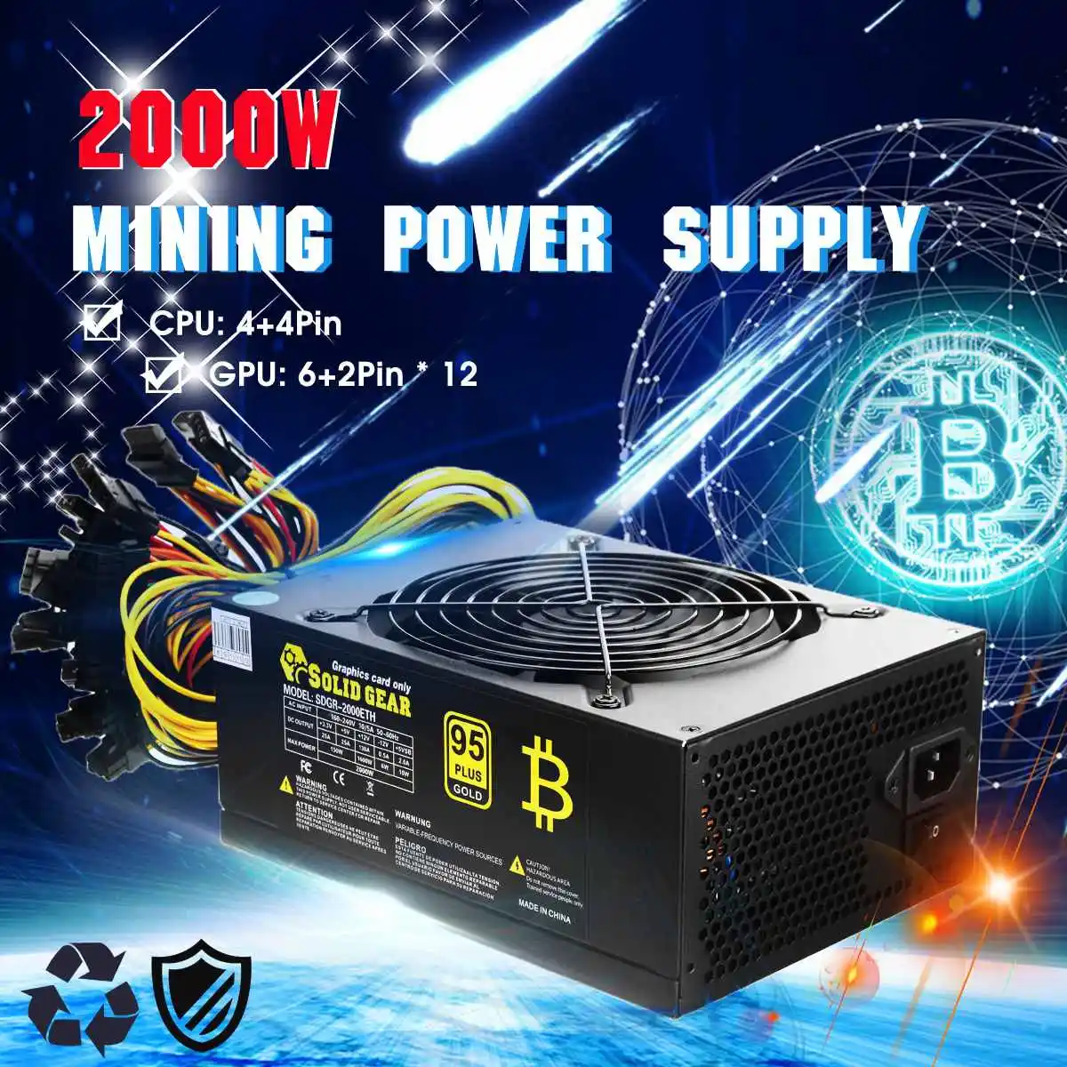 2000W PLUS Gold Power Supply ETH BTC Mining ATX SATA IDE Support 8 GPU Ethereum PC Power Supply For Computer Minner Machine