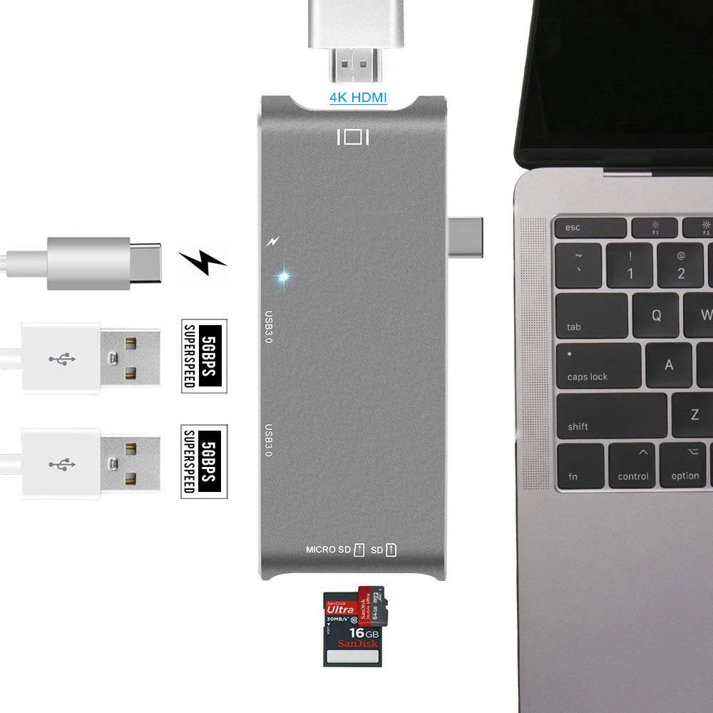 

USB Type C Hub Adapter,7 in 1 USB C Hub, with 4K HDMI/VGA Port,3USB 3.0 Ports, Type C Charging Port, SD/Micro-Card Reader