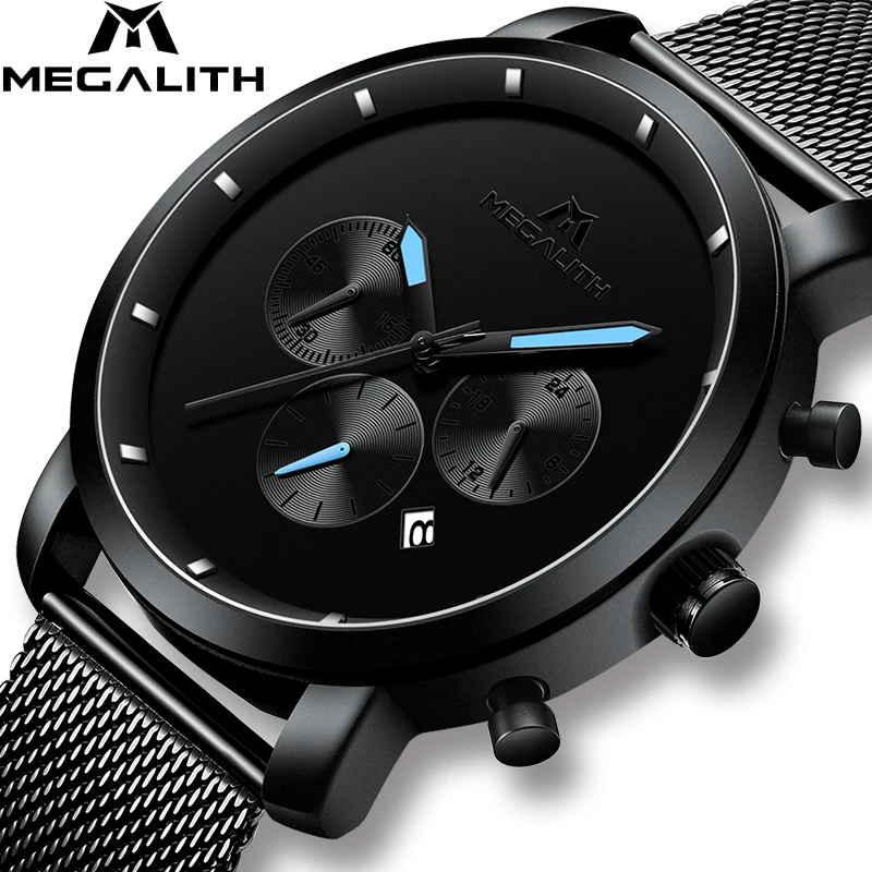 

MEGALITH Fashion Simple Watches Mens Waterproof Analogue Watch With Chronograph Black Steel Mesh Sport Quartz Watch Clock