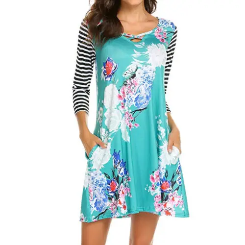 Women Three quarter Sleeve Dresses Wrap Boho Floral Mini Dress Ladies ...