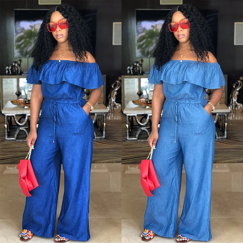 jean off the shoulder jumpsuit