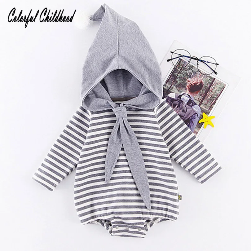 

0-24M Baby combed-cotton stripes design hooded romper long sleeve warm autumn jumpsuit Infant/newborn/toddlers adorable onesies