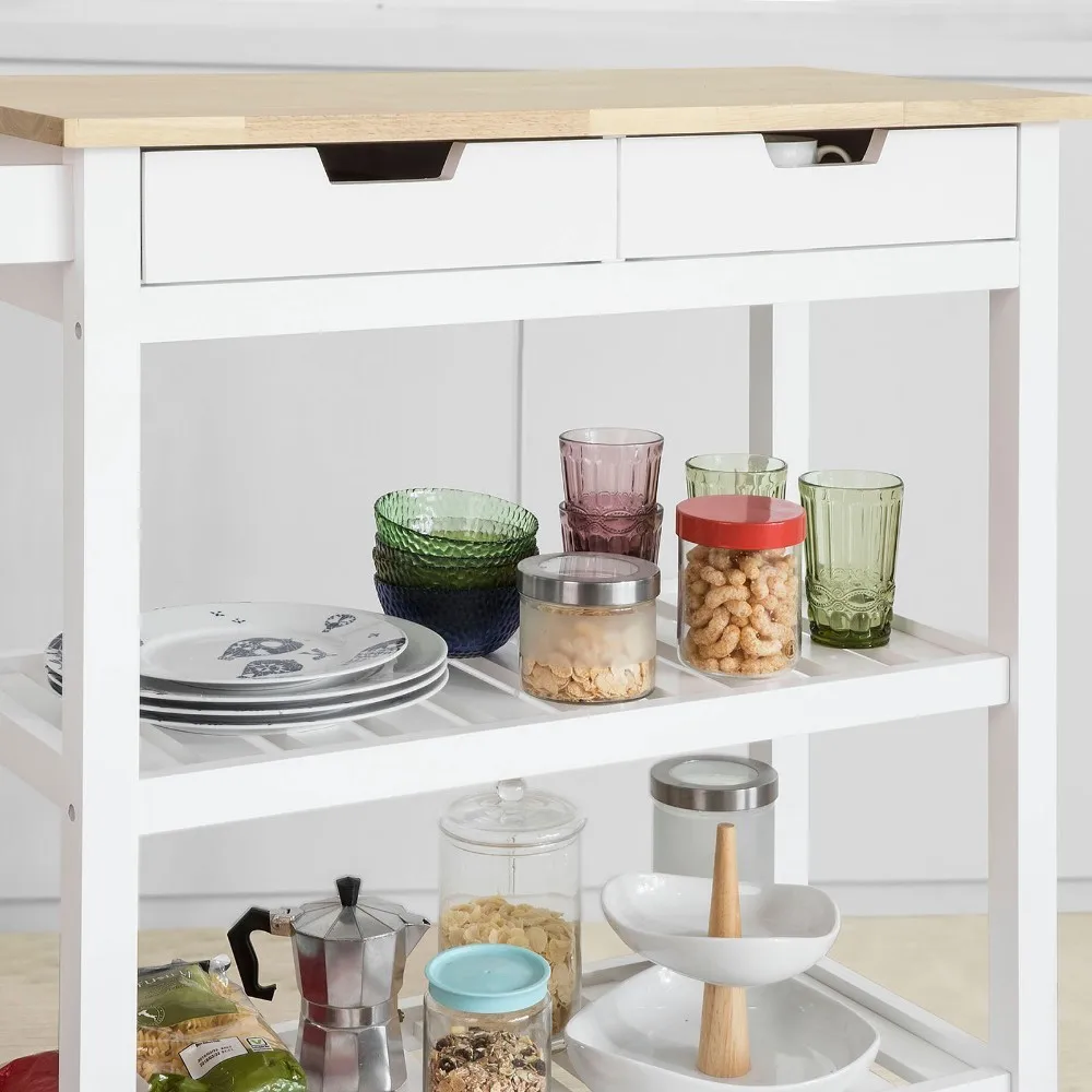  SoBuy FKW68-WN Kitchen Storage Serving Trolley Shelf with Rubber Wood Top 2 Drawers 2 Shelves - 32959753065