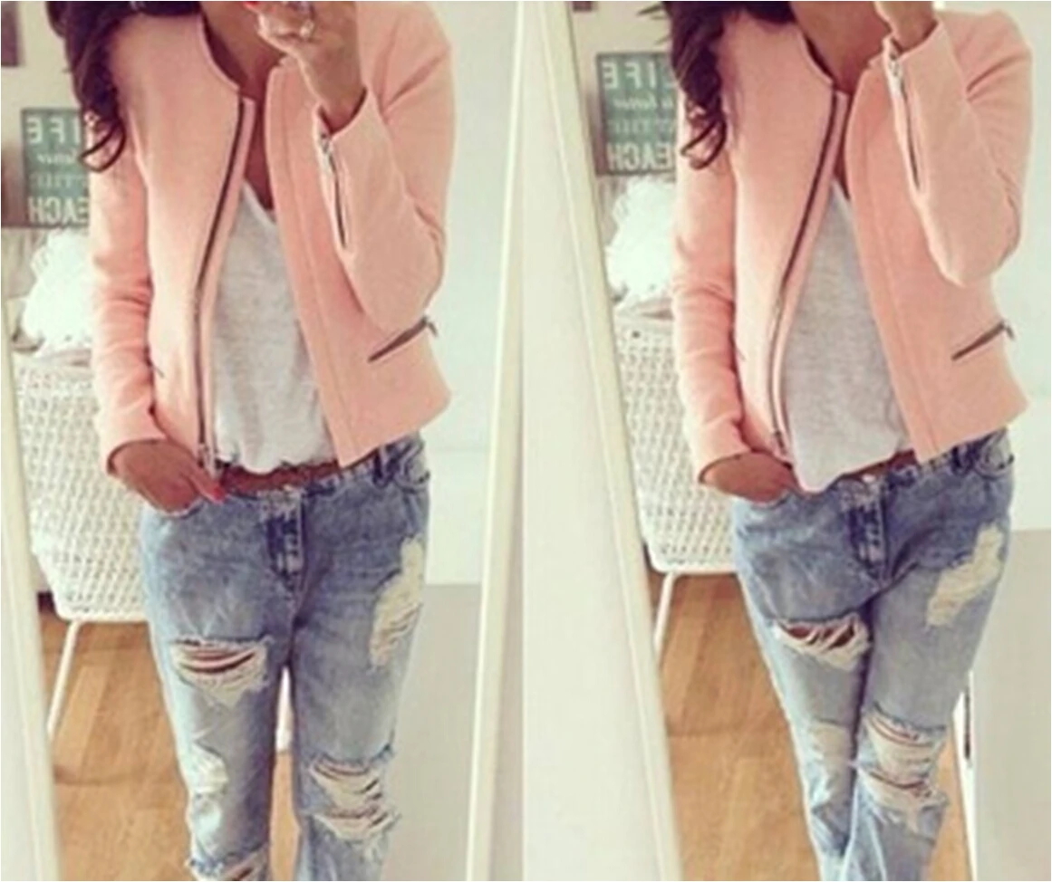 

ladies Cotton Zip Long Sleeve Biker Motorcycle Jacket Coats Blazer Slim Tops