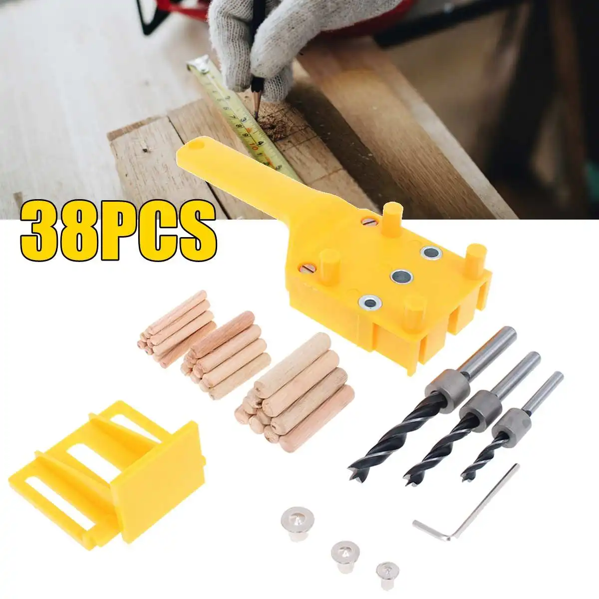 

38pcs Doweling Jig 6/8/10mm Handheld P ocket Hole Jig Set Woodworking Wood Dowel Self-Centering Puncher Drill Guide Locator Jig