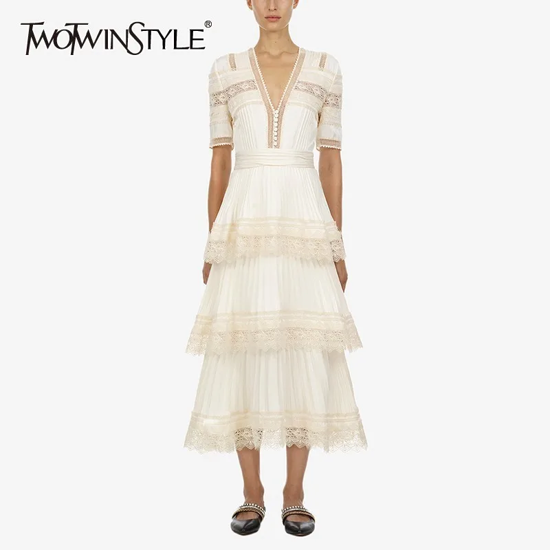 

TWOTWINSTYLE Vintage Lace Patchwork Women Dress V Neck High Waist Short Sleeve Ruched Midi Dresses Female Casual 2019 Fashion