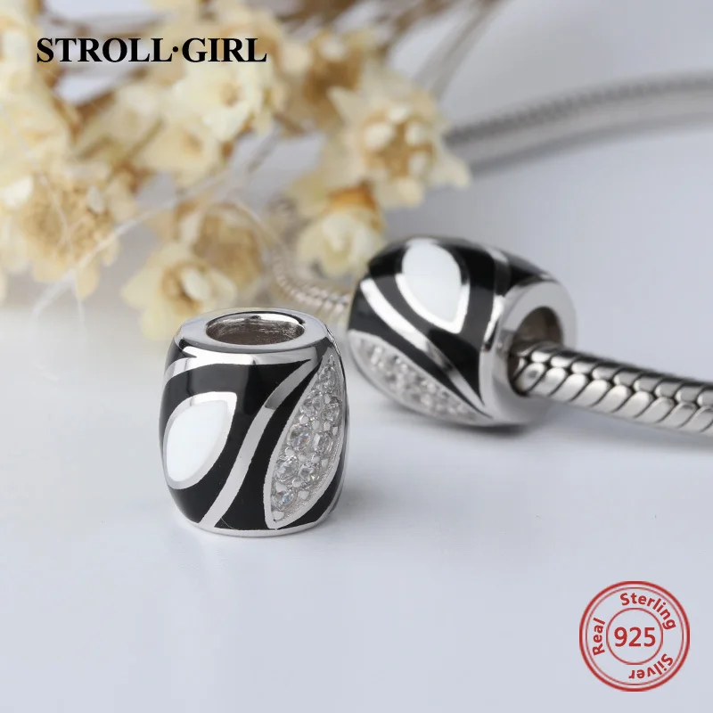 StrollGirl high polish black&white charms with CZ 925 silver vintage beads fit original pandora bracelet jewelry making men gift