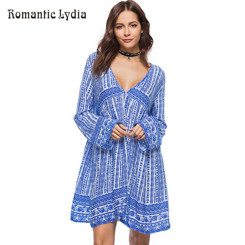 Skup Lato luźne Boho sukienka plaża elegancki tunika szeroka strona etniczne z długim rękawem głębokie V Neck krótkie sukienki sukienki w dużym rozmiarze