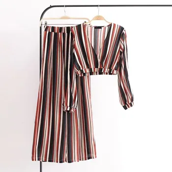 

Spring Summer New V Neck Crop Top Blouse Shirt Short Stripe Print Elastic Pants Pants Casual Two Piece Set Women Sexy Suits