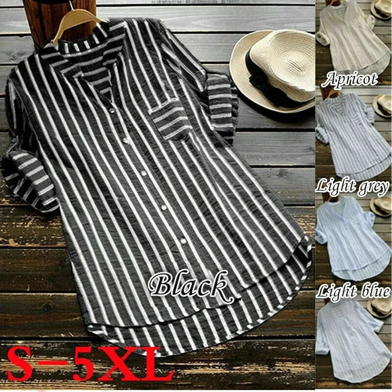 

S-5XL Extra Large Shirt Code Womens Summer Striped V Neck Blouses Loose Baggy Tops Tunic Shirt Plus Size