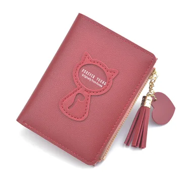 

Women's Wallet Short Tassel Simple Style Female Purse Leather Cat Mini Zipper Small Wallet Credit Card Holder Coin Purse Cartera
