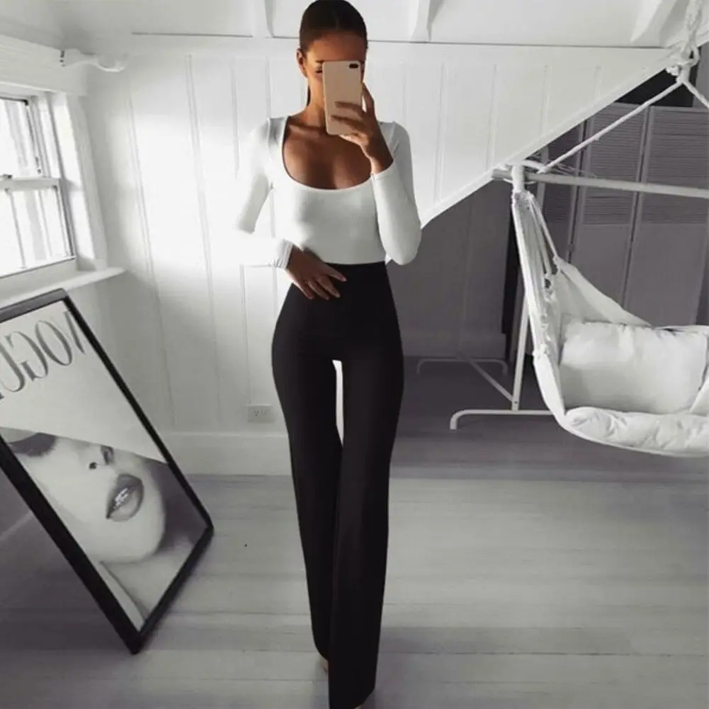 

New Plus Size Womens Slim High Waist Skinny Palazzo Wide Leg Flared Ladies Stretch Trousers Pants Black White Blue
