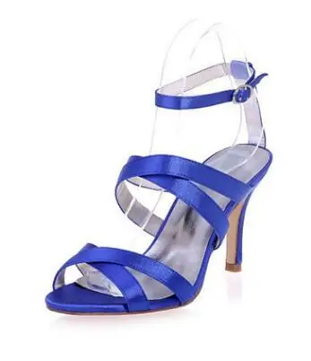 

Women Blue Satin Leather Narrow Band Open Toe Sandals Summer Ankle Buckle Strap Crossed Wrap 8cm High Thin Heel Dress Banquet