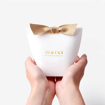 

10pcs/lot Thank You Candy Box with Ribbons Wedding Decoration Bonbonniere Gift Boxes Bride Favors Paper Bag for Guests PM001