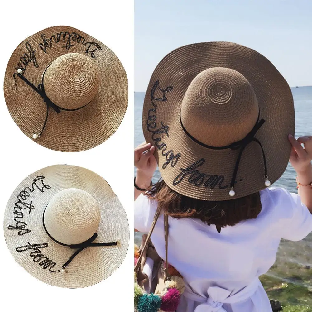 

Letter Embroidery Big Visor Sunscreen Straw Hat Beach Hat Folding Sun Hat Female Embroidered Beach Floppy Sun Hat Wide Brim UV