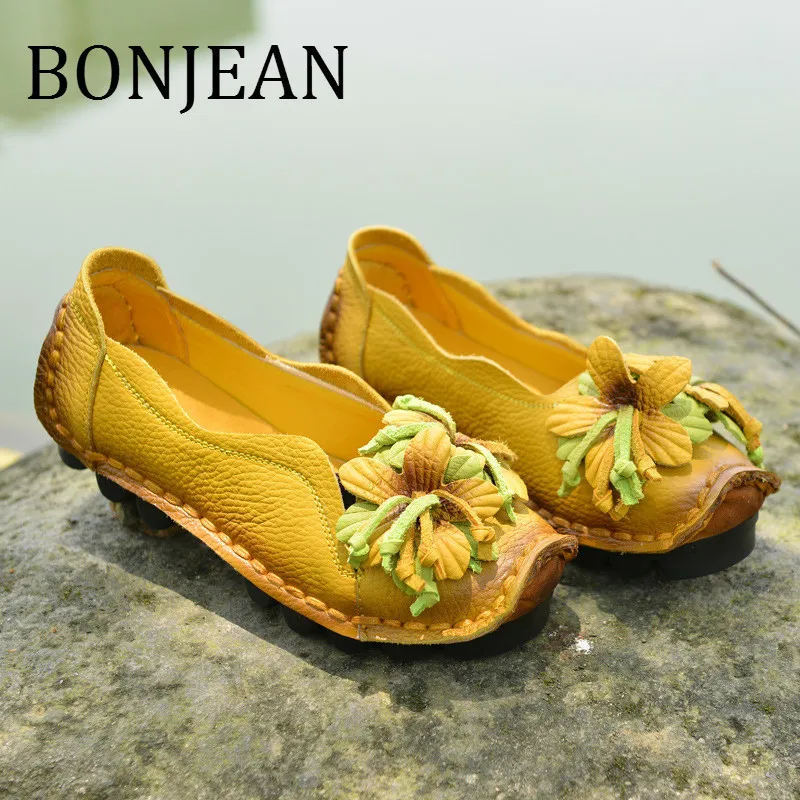 

BONJEAN Genuine Leather Casual Shoes 2019 Flower Decoration Flats Autumn Yellow Shoes for Women Round Toe Slip-On Shoes BJ1319