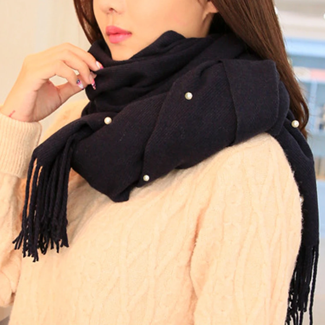 New Pearl Nail Bead Soft Scarves Women Winter Scarf Tassel Woolen Big
