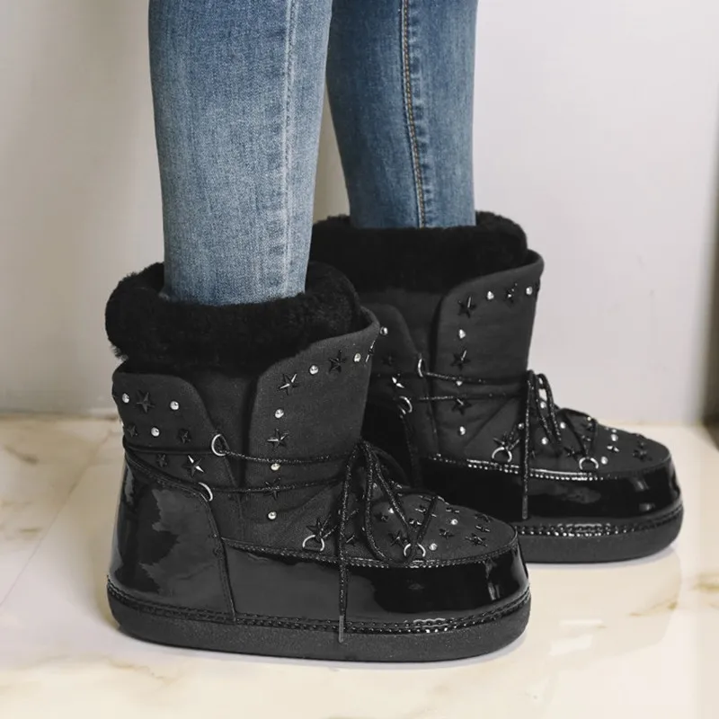 

Stars Stud Decors Snow Boots Botas Mujer 2019 New Arrival Winter Boots For Womens Nude Black Silver Real Suede Ankle Boots