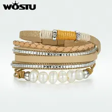 WOSTU, винтажный кожаный многослойный жемчужный браслет на ремешке для женщин и мужчин, вечерние браслеты на цепочке, модные ювелирные изделия SDQ0363