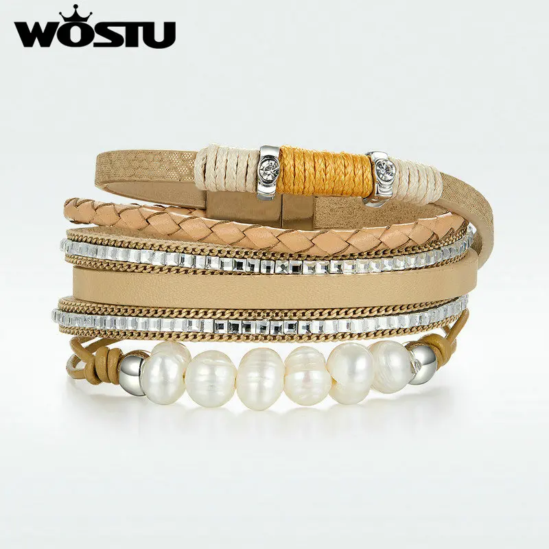 

WOSTU 2019 Vintage Leather Multi-layer Pearls Strap Bracelet For Women Men Party Chain Link Bracelet Fashion Jewelry SDQ0363