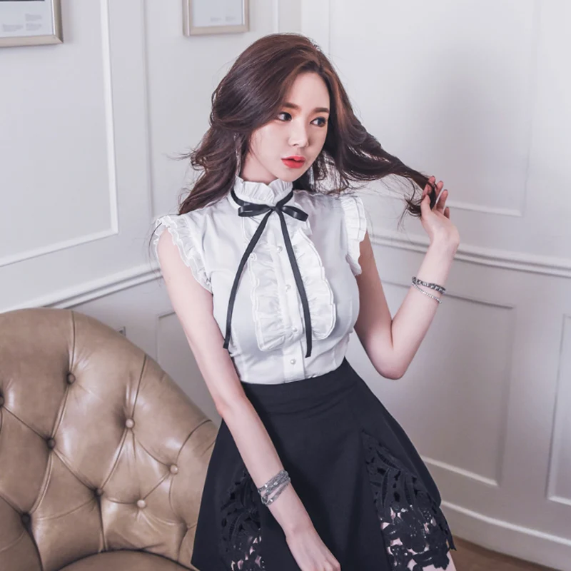 

2019 New Summer Women Shirts Bow Ruffles Sleeveless Turtleneck Half Tie Blouse Shirt White 752