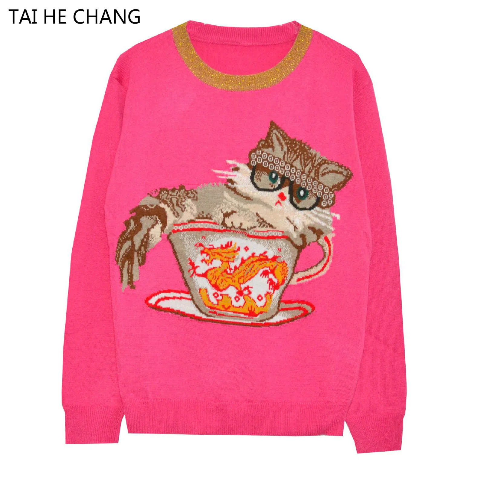 

High Street Top Cat Quality Women Causal Runway Sweaters New Fashion Designer Autumn and Winter Knitted Pullovers Sweater