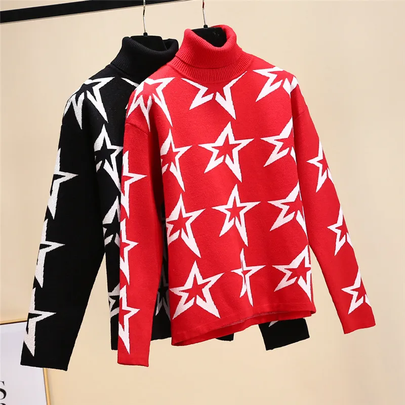 Luxury brand 2022 Autumn winter Harajuku Women Red Black Star Print Knitted Sweaters Pullovers Female Thick Turtleneck Jumper