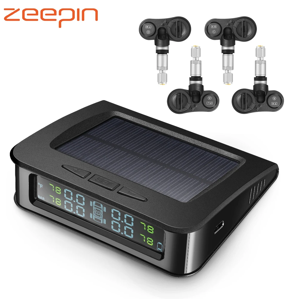 

Solar Power Car Tire Pressure Monitoring System USB TPMS LCD Display Wireless 4 Internal Sensors for VW SUV Temperature Warning