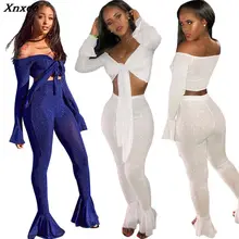 Xnxee Shining Silver Wire Two Piece Set Tie Bow Off Shoulder Long Bell Sleeve Crop Top Skinny Flare Pants High Stretchy Outfit shining knoted front metallic crop top