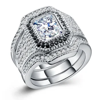 

Huitan 3PC Wedding Band Ring Set with Radiant Cut Cubic Zirconia Silver Plated Luxury Jewelry Lover Promise Rings for Couples