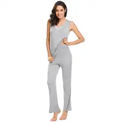 Женские одежда для сна Стретч v-образным вырезом без рукавов Slim Fit top Длинные брюки пижамный комплект