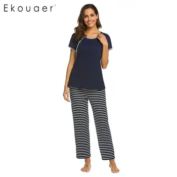 

Ekouaer Spring Summer Pyjamas Sets Women Nightwear Round Neck Short Sleeve Striped Long Pants Maternity Pajamas Set Sleepwear