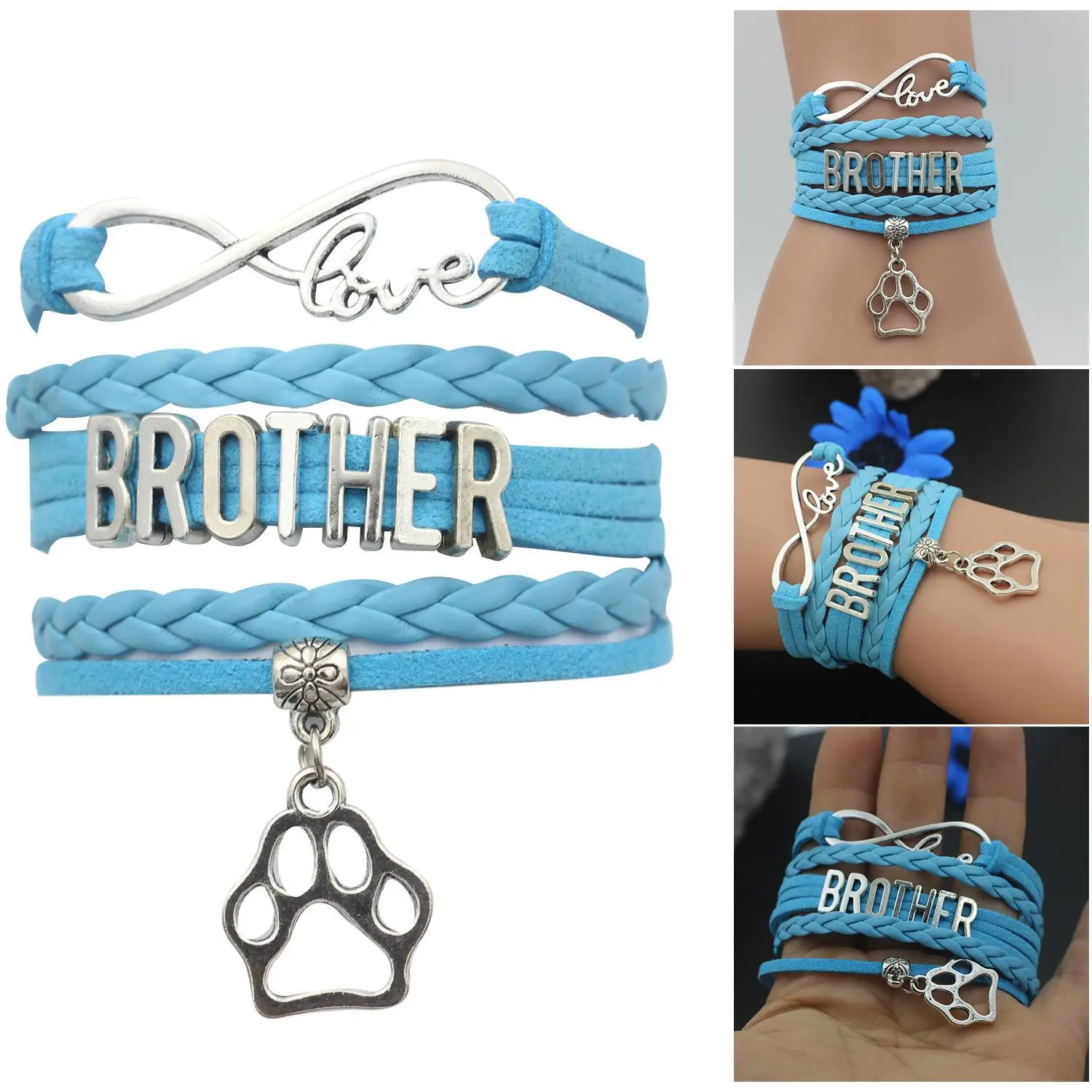 Браслет с застежкой в виде сердца кожа синий милый надписью Love Brother многослойный